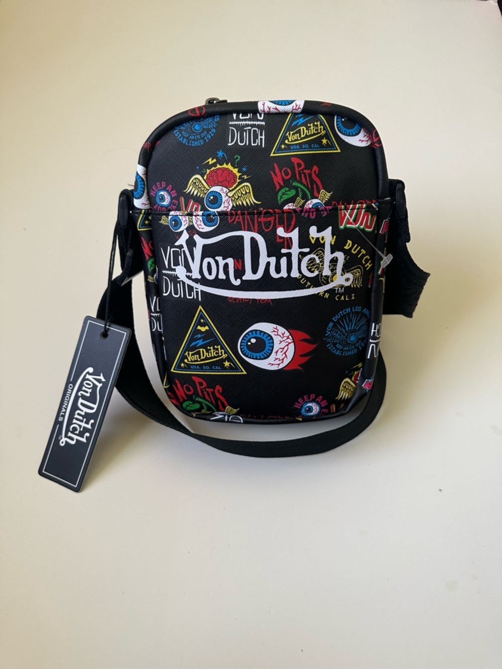 Von Dutch Jax All Over Tattoos Sling Bag Y2K Black Flying Eye NWT